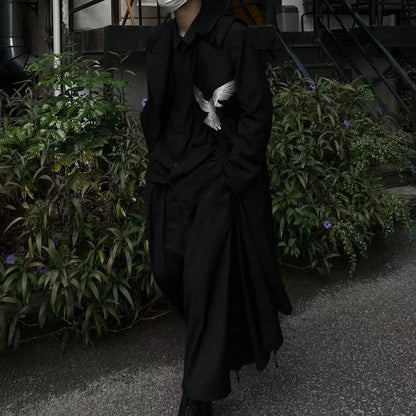 Yohji Wool Trench Coat - Double-Layered Collar White Raven Embroidery