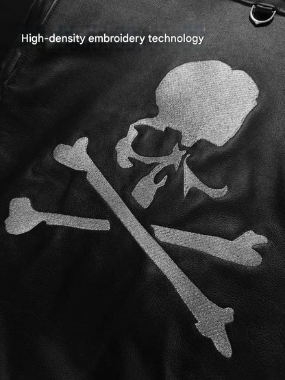 MASTERMIND Skull Embroidery Cowhide Biker Jacket - Luxury Darkwear