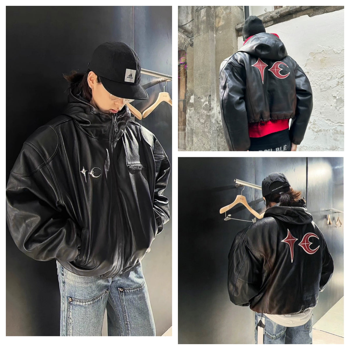 Thug Club Washed Black Hooded Leather Jacket - Cropped Biker Coat - 