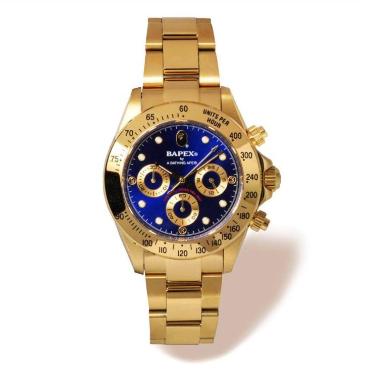 BAPEX TYPE 3 Triple-Eye Primate Head Watch - Panda Dial Quartz Chronograph - Blue Gold