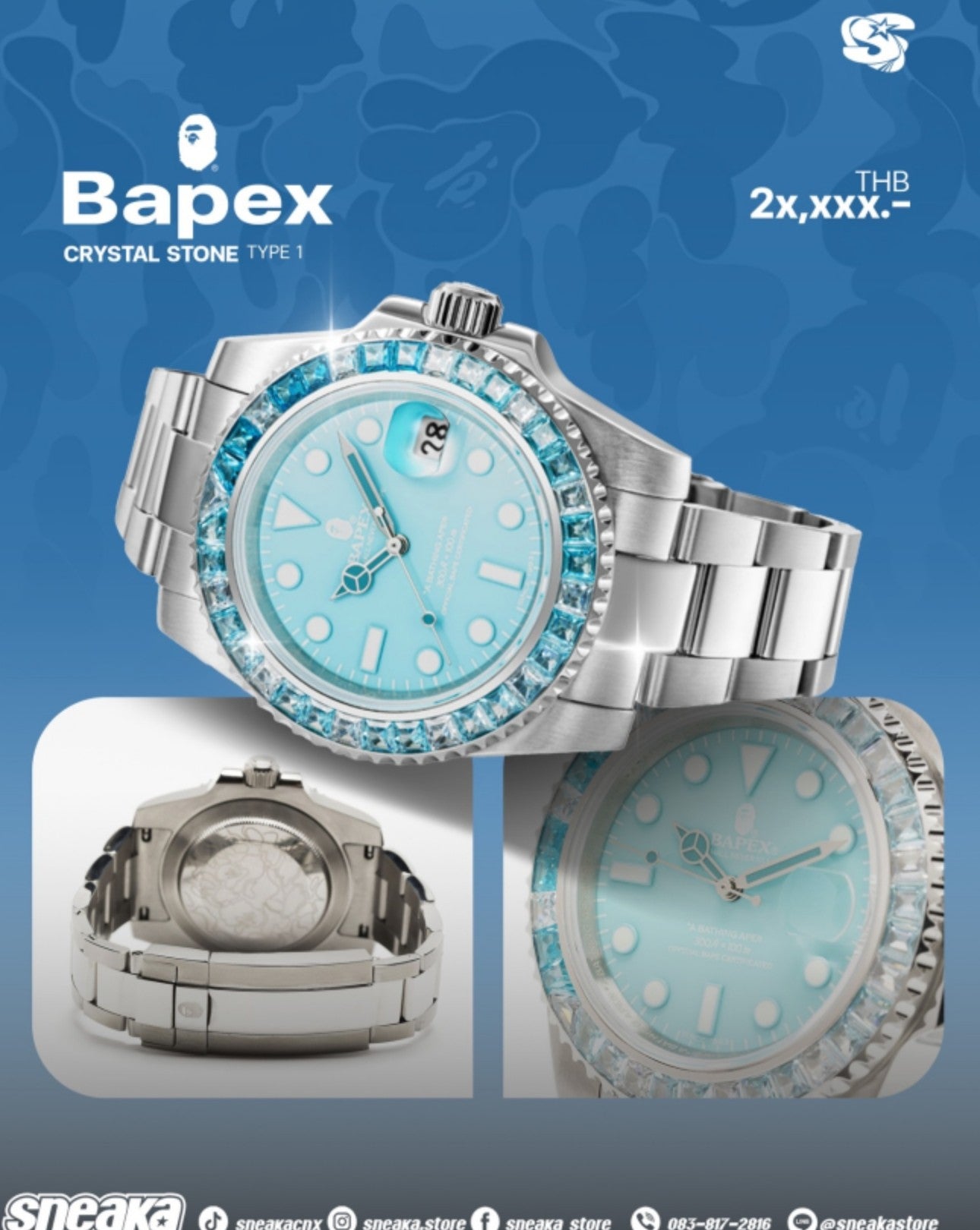 TYPE-1 BAPEX Crystal Stone Mechanical Watch - Tiffany Blue Edition