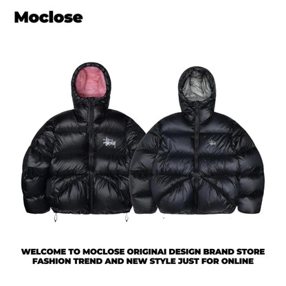 STUSSY 23FW Micro Ripstop Down Parka Black Pink Solid Color Zip Hooded Down Jackets