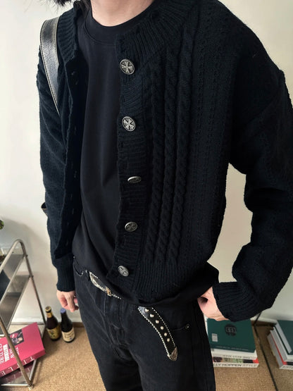 ERD ’Depressed Heir’ Cardigan - Cashmere-Cotton Blend Cropped Knit Silver Buttons