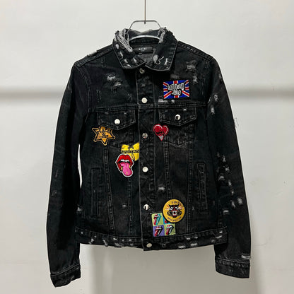 AMIRI Kill Back Denim Jacket - High Street Raw Hem Random Embroidered Patches