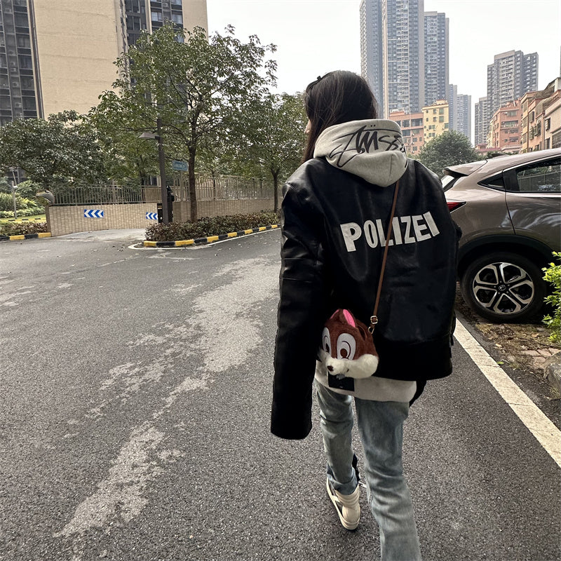 Vetements Motorcycle Leather Jacket Polizei Wild Man Biker Letter Print