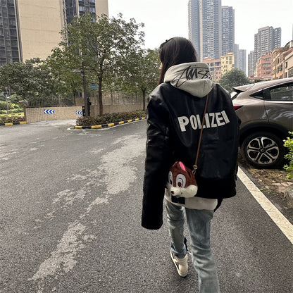 Vetements Motorcycle Leather Jacket Polizei Wild Man Biker Letter Print