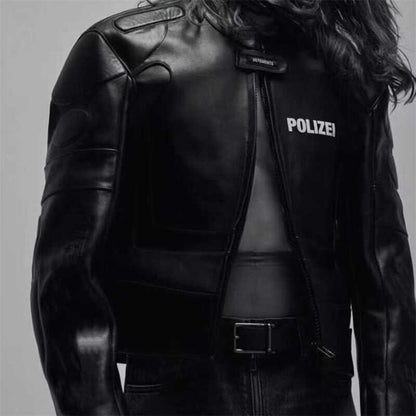 Vetements Motorcycle Leather Jacket Polizei Wild Man Biker Letter Print