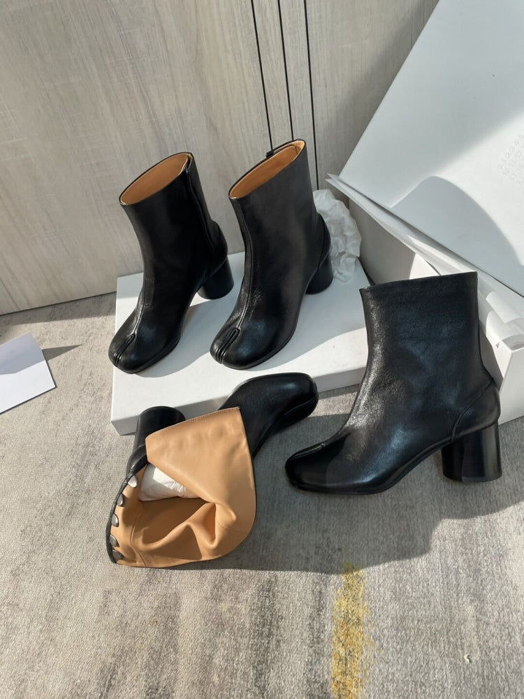 25AW Women’s Tabi Heel Boots - 8cm Stiletto Calfskin Split-Toe Ankle Boots