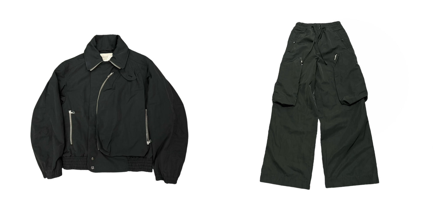 DVN AW24 Asymmetric Cocoon Zip Jacket - Nylon Utility Pants Set Oversized Pocket