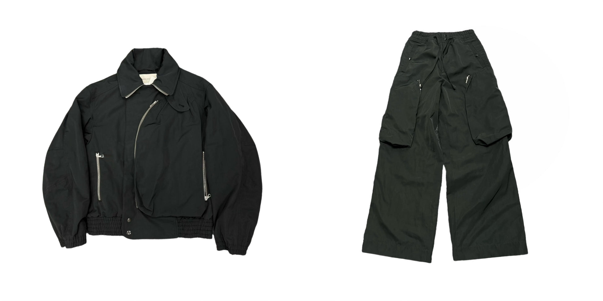 DVN AW24 Asymmetric Cocoon Zip Jacket - Nylon Utility Pants Set Oversized Pocket