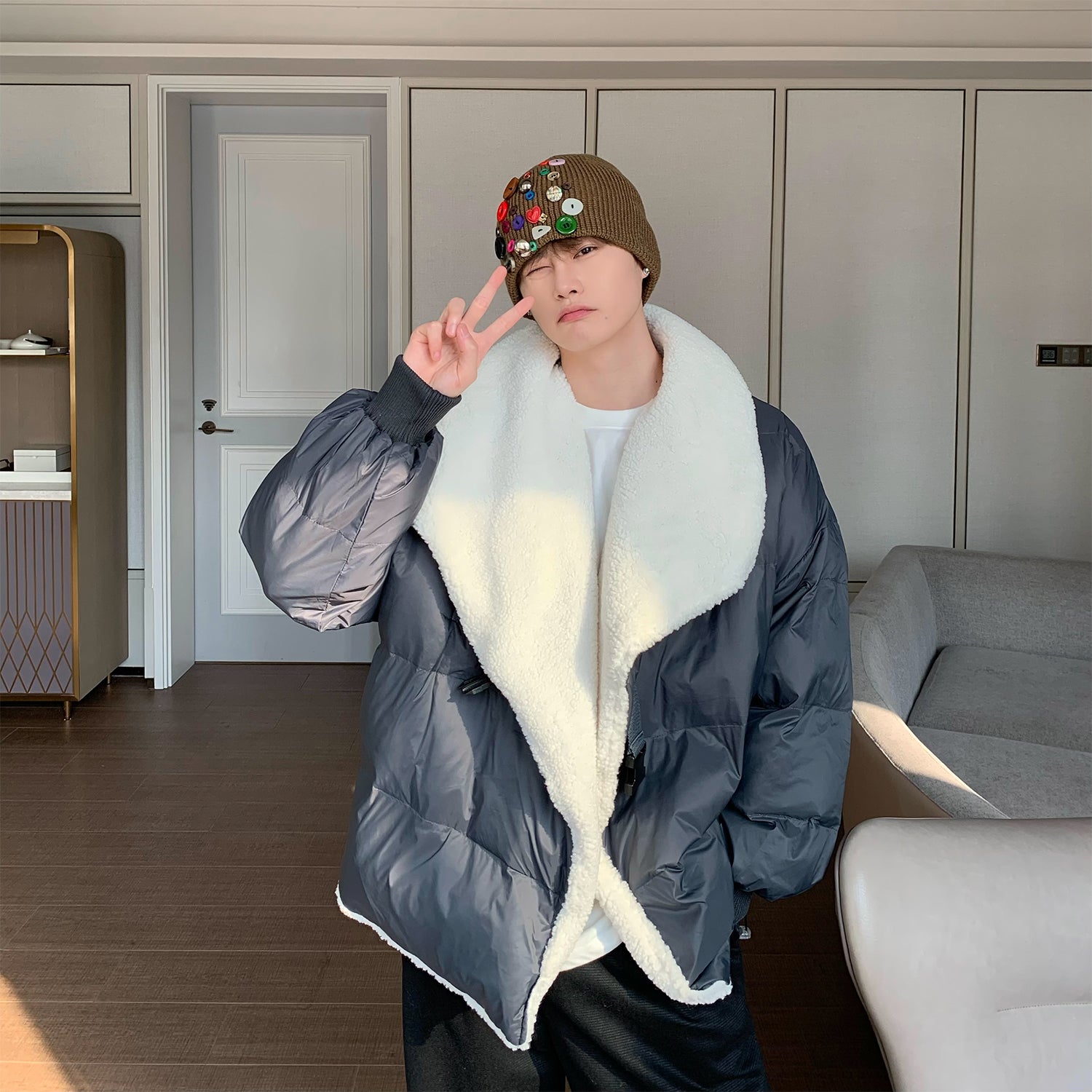 Donclickin Minimalist Shearling Cotton Jacket – Korean Oversized Turn-Down Collar