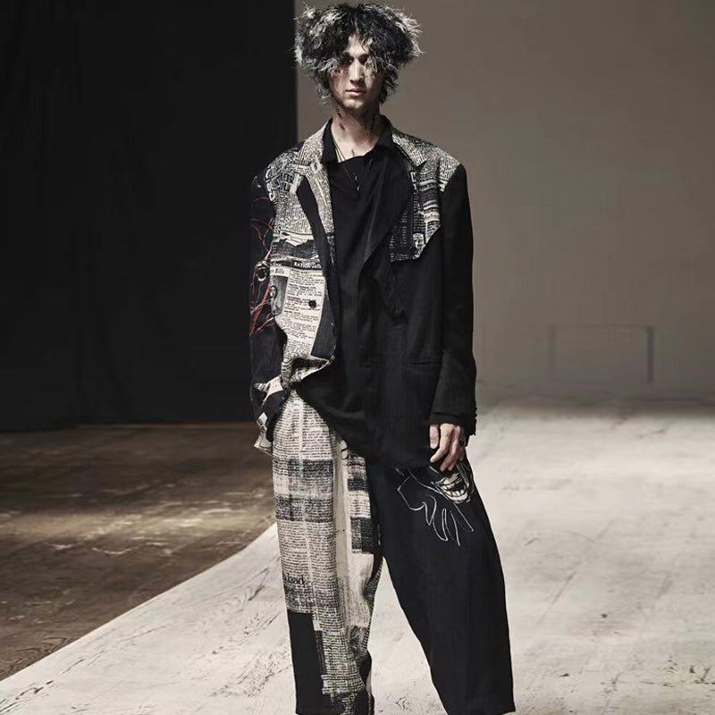 Yohji 23AW Newspaper Print Blazer - Casual Loose Black Suit Jackets