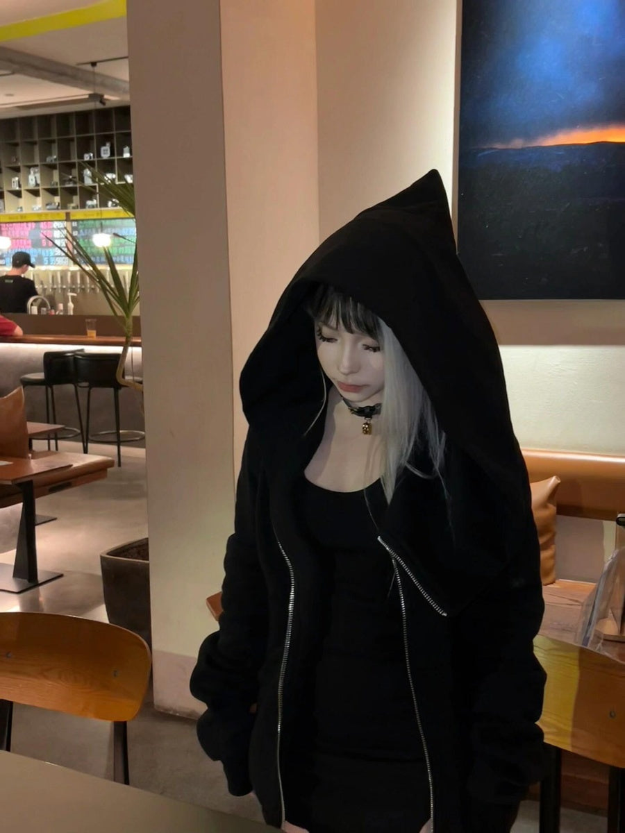 RO Dark Wizard Rick Owen Hoodie - Asymmetric Zip Avant-garde Black Winter Fleece