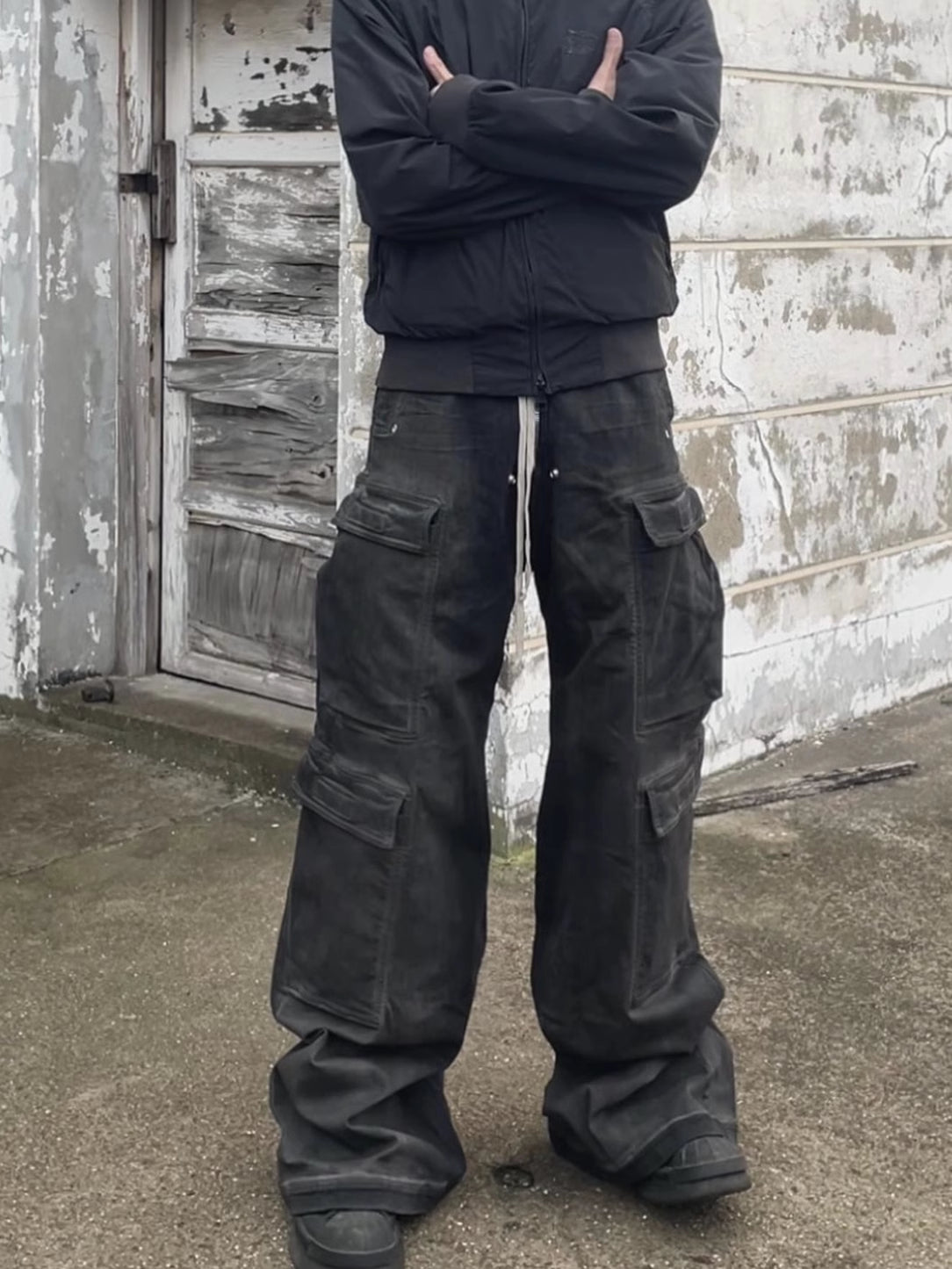 23SS Rick Owen Wide-Leg Washed Gray Jeans Ash Gray Unisex Cargo Pants - Size avaliable S ~ L