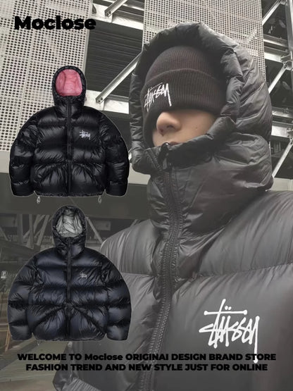 STUSSY 23FW Micro Ripstop Down Parka Black Pink Solid Color Zip Hooded Down Jackets