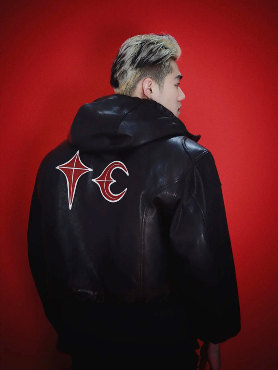 Thug Club Washed Black Hooded Leather Jacket - Cropped Biker Coat - 
