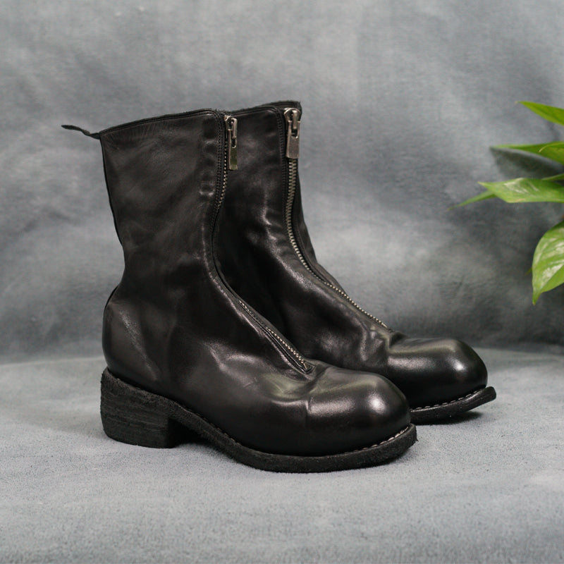Guidi Horse Leather Distressed Chunky Heel Mid-Calf Ankle Boots PL1/2 Front-Zip