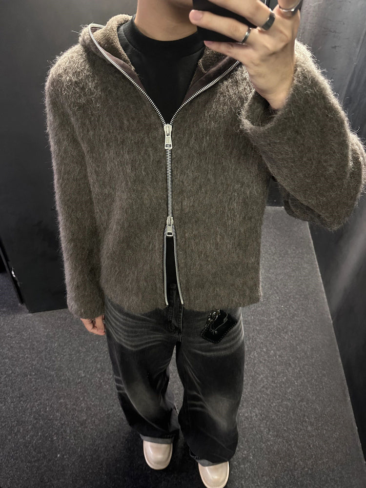 Our Legacy Grey Mohair Zip Cardigan – Wool Blend Relaxed Hooded Knit