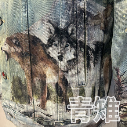 AMIRI 18AW Snow Wolf Graffiti Jacket - Shearling Collar Waxed High-Street