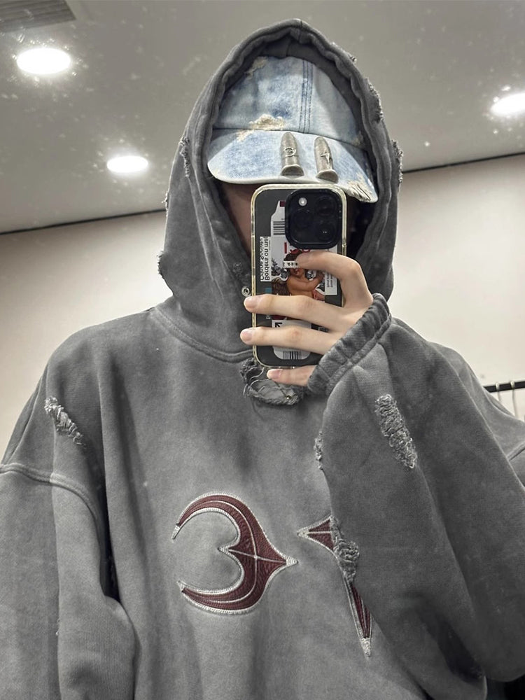 Thug Club Heavy Washed Distressed Patchwork Leather Embroidered Ripped Hoodie - Size avaliable S M L