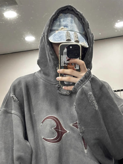 Thug Club Heavy Washed Distressed Patchwork Leather Embroidered Ripped Hoodie - Size avaliable S M L