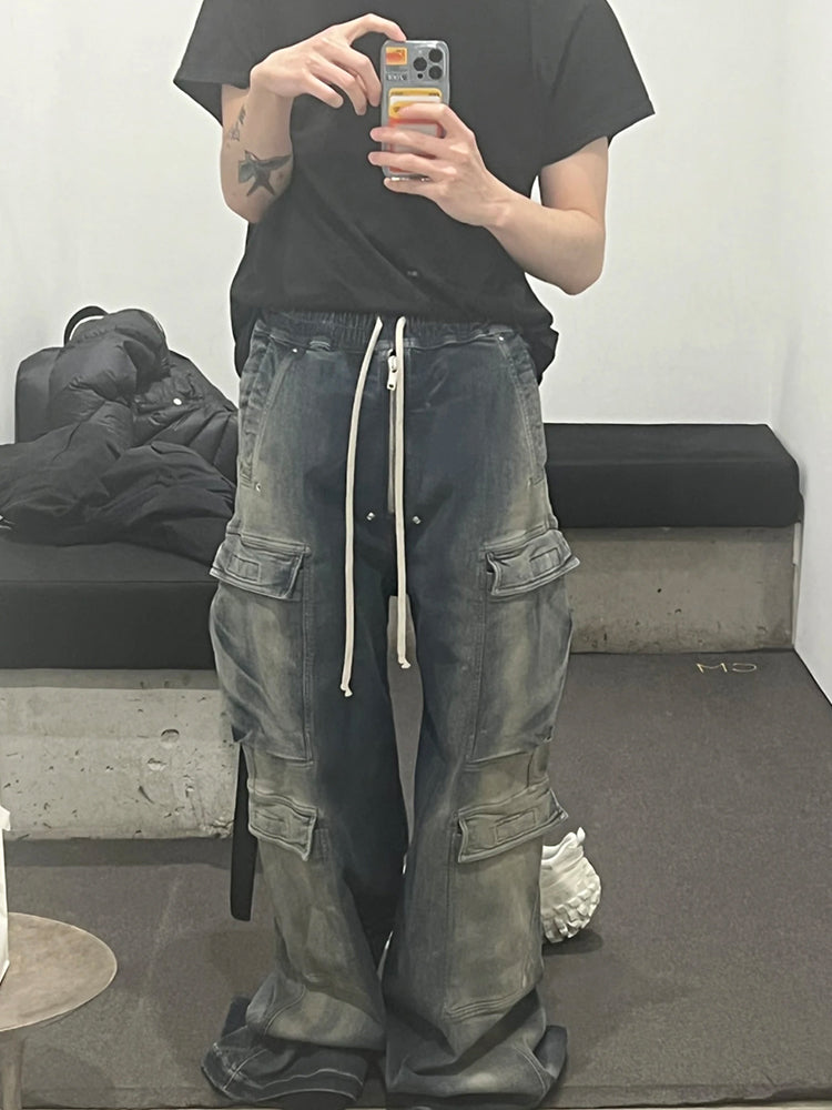 Ro Washed Gradient Multi-Pocket Cargo Jeans Straight Drawstring Wide-Leg Flare - Size avaliable S 46 M 48 L 50