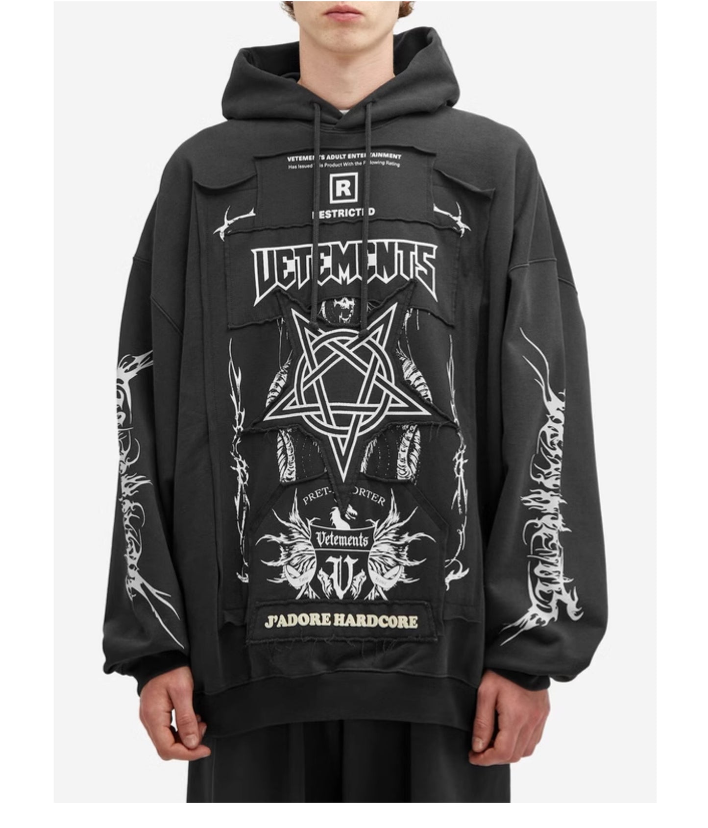 Vetements Oversized Hoodie J’adore Hardcore Patchwork Black Patched Logo
