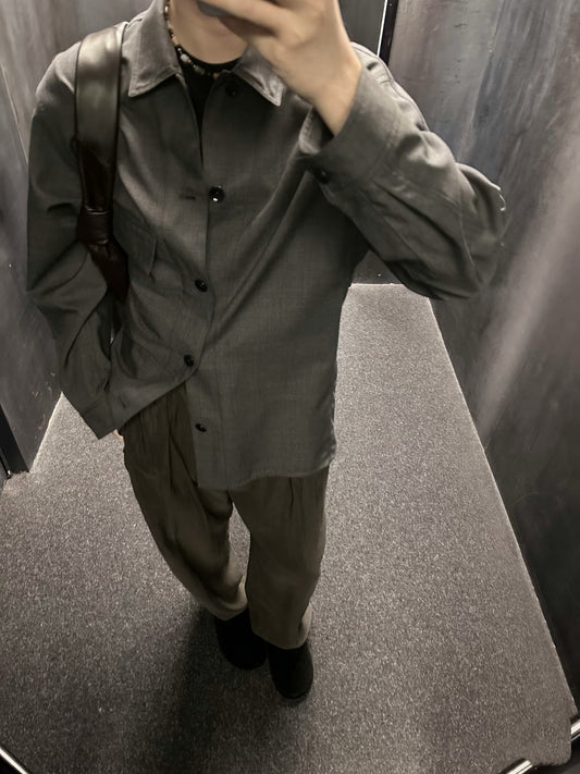 LEM SS25 Black-Grey Wool Shirt Jacket - 100% Wool Button-Front Overshirt