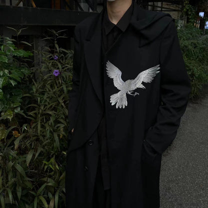 Yohji Wool Trench Coat - Double-Layered Collar White Raven Embroidery