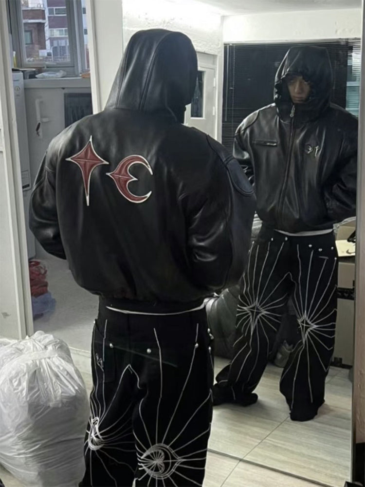 Thug Club Heavyweight Washed Goatskin Hooded Leather Short Padded Jacket