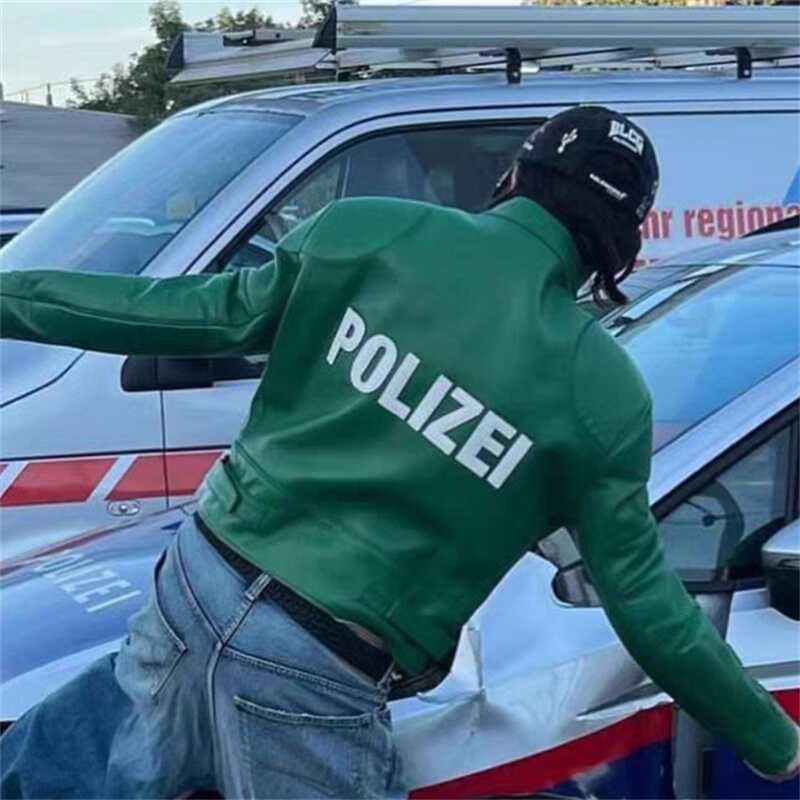 Vetements Motorcycle Leather Jacket Polizei Wild Man Biker Letter Print
