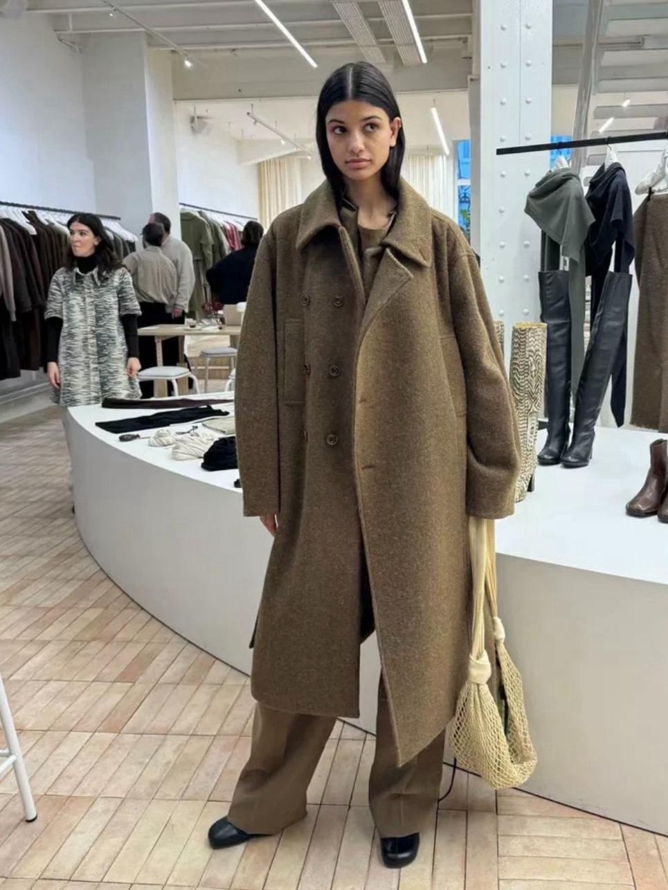 Lemaire Alpaca Wool Blend Trench Coat - Brown Stand Collar Robe