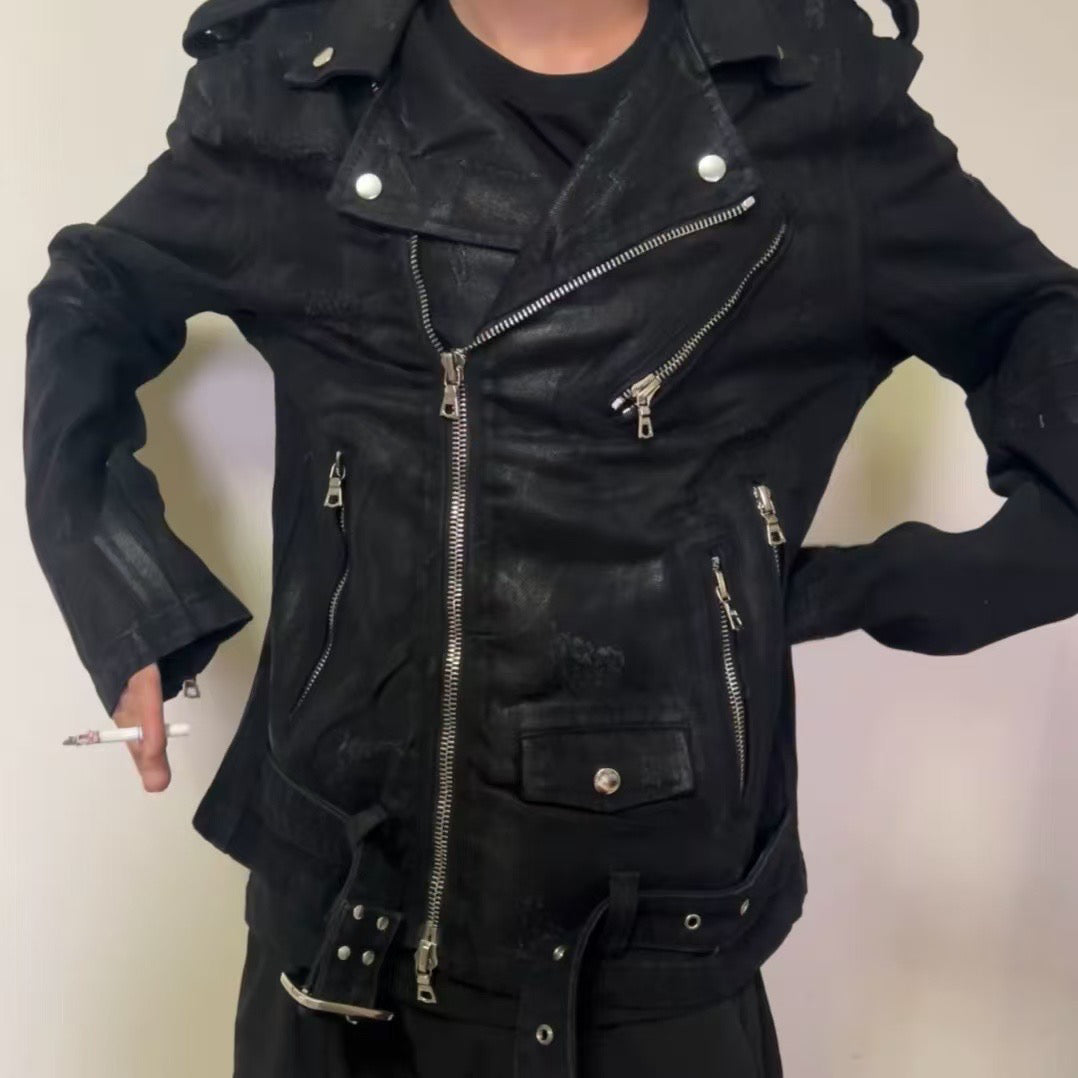 AMIRI 16SS Heavyweight Waxed Biker Jacket - Slim Waist Zip Fit High-Street