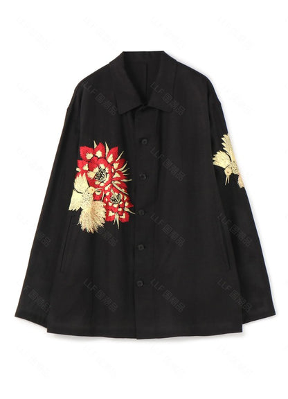 Yohji Yamamoto Hummingbird Embroidered Silk-Linen Jacket Long Sleeve