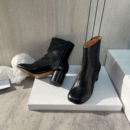 25AW Women’s Tabi Heel Boots - 8cm Stiletto Calfskin Split-Toe Ankle Boots