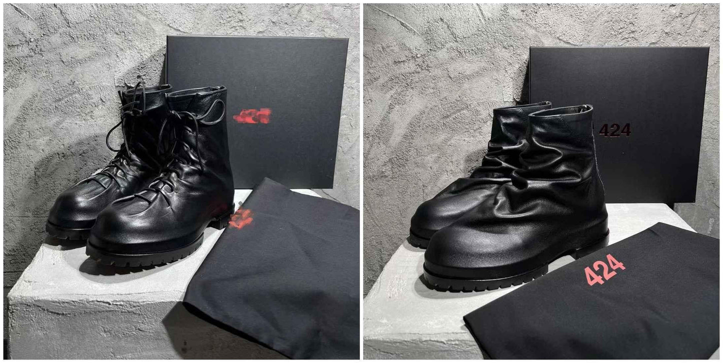 424 on Fairfax Ankle Boots - SS22 Crinkled Zip High-Top Retro Thick-Soled Lambskin