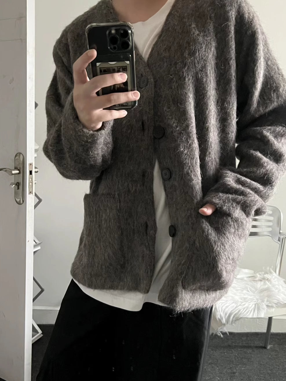 Our Legacy Gray-Brown Mohair Cardigan Wool Blend Knitted Long Sleeve V-Neck Sweater