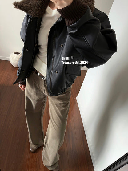 Heavyweight Le*maire Quilted Jacket Imported Lamb Wool Collar Gray-Black Padded Coats