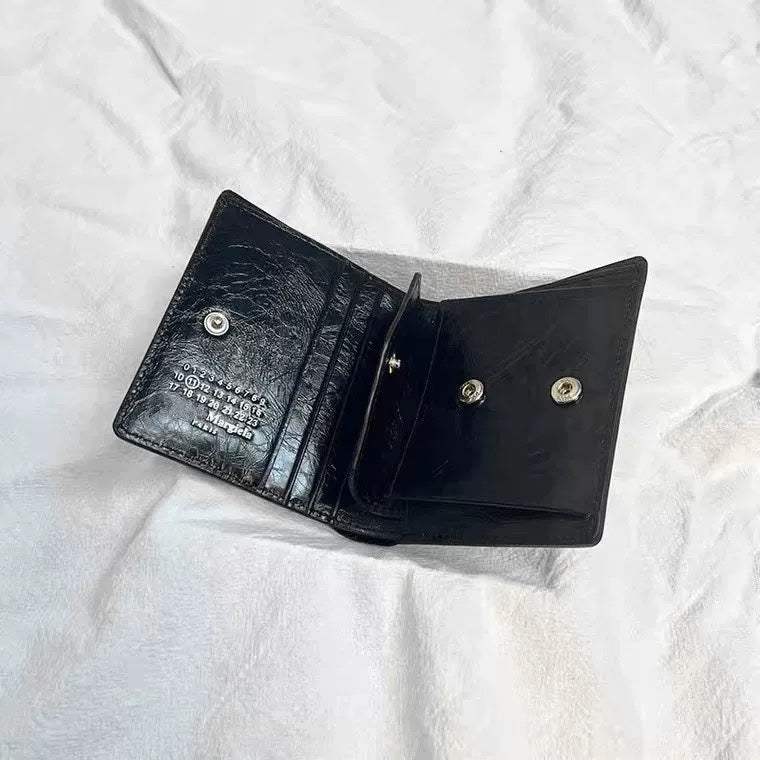 21SS Oiled Leather Wallet Card Holder – MMM Vibe Classic Four-Stitch Design - Black