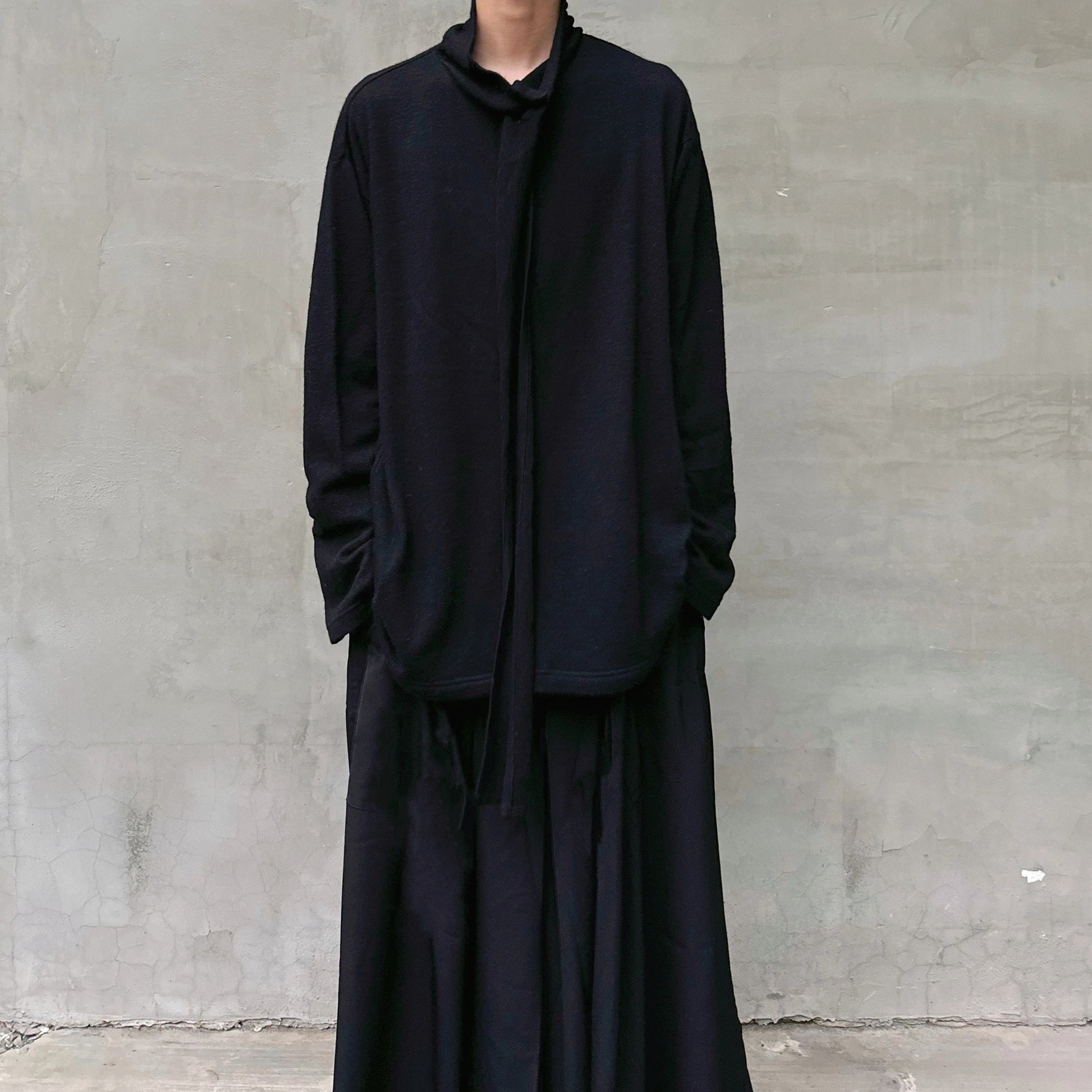 Yohji Yamamoto Merino Wool Knit Sweater Turtleneck Integrated Tie Scarf
