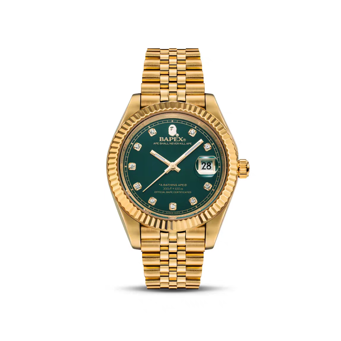 TYPE 6 BAPEX Gold-Green Ape Power Watch - Fluted Bezel Datejust Mechanical Wristwatch