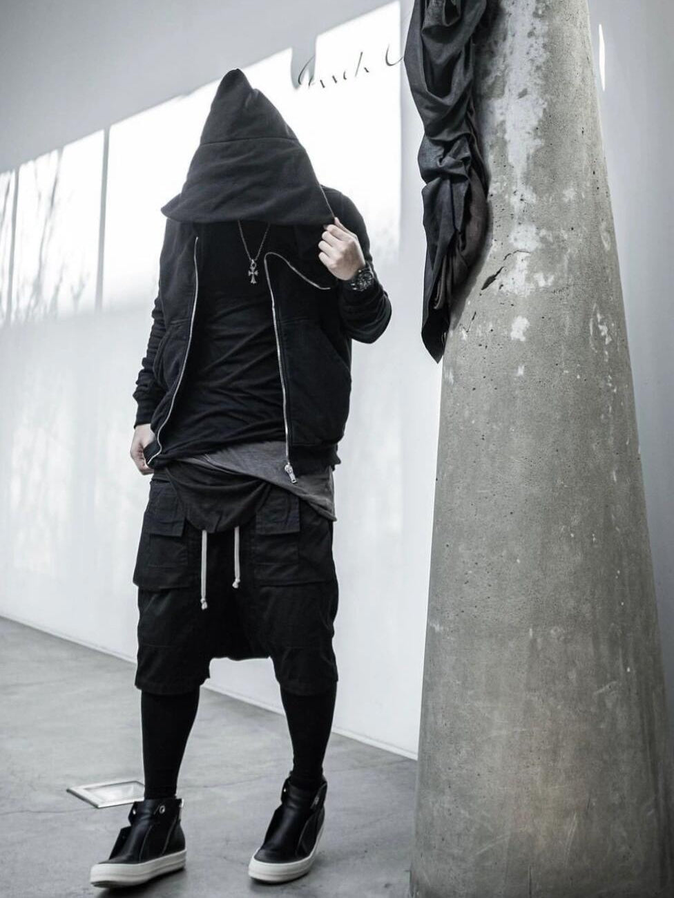 RO Dark Wizard Rick Owen Hoodie - Asymmetric Zip Avant-garde Black Winter Fleece