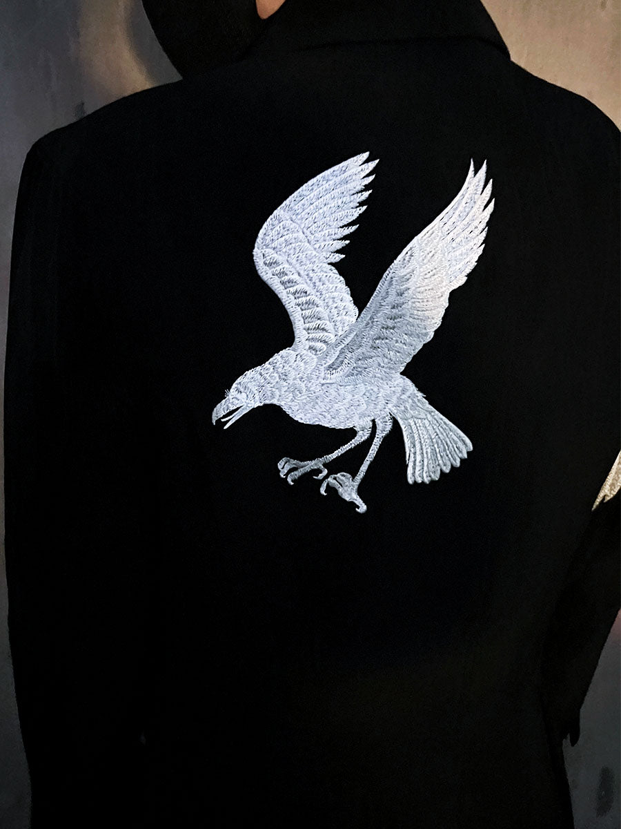 Yohji Yamamoto Dark 21AW Long Blazer Coat Dual Crow Embroidery on Back - Black