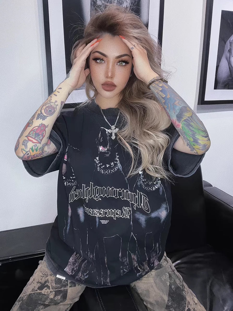 REPRESENT Washed Distressed Doberman Shark Short-Sleeve T-Shirt FOG