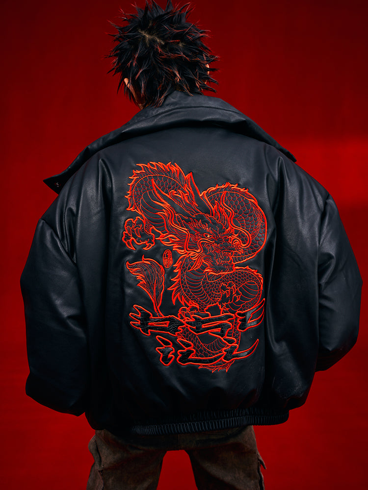 OSCill Oscillating Industries: Dragon Leather Silhouette Down Jacket Loose-Fit - Size avaliable S ~ L