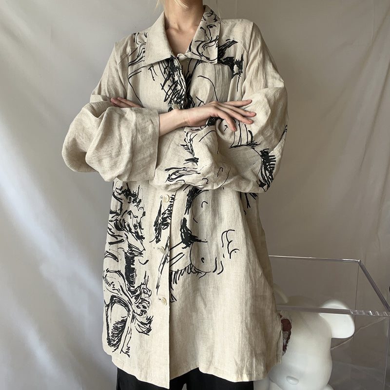 Yohji Linen Shirt – Yuuka Asakura Yamamoto Hand-Painted Beast Motif