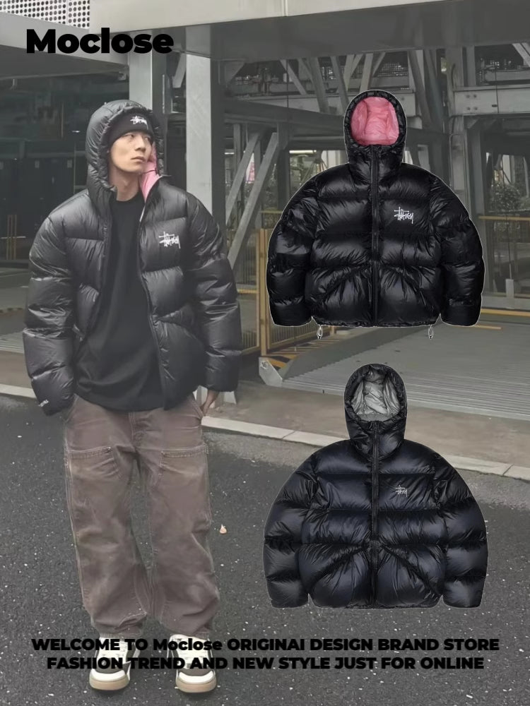 STUSSY 23FW Micro Ripstop Down Parka Black Pink Solid Color Zip Hooded Down Jackets