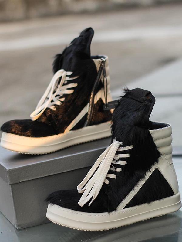 24SS Pony Hair RO High-Top Sneakers – Leather Thick Sole Casual Shoes Unisex