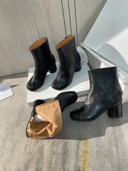 25AW Women’s Tabi Heel Boots - 8cm Stiletto Calfskin Split-Toe Ankle Boots