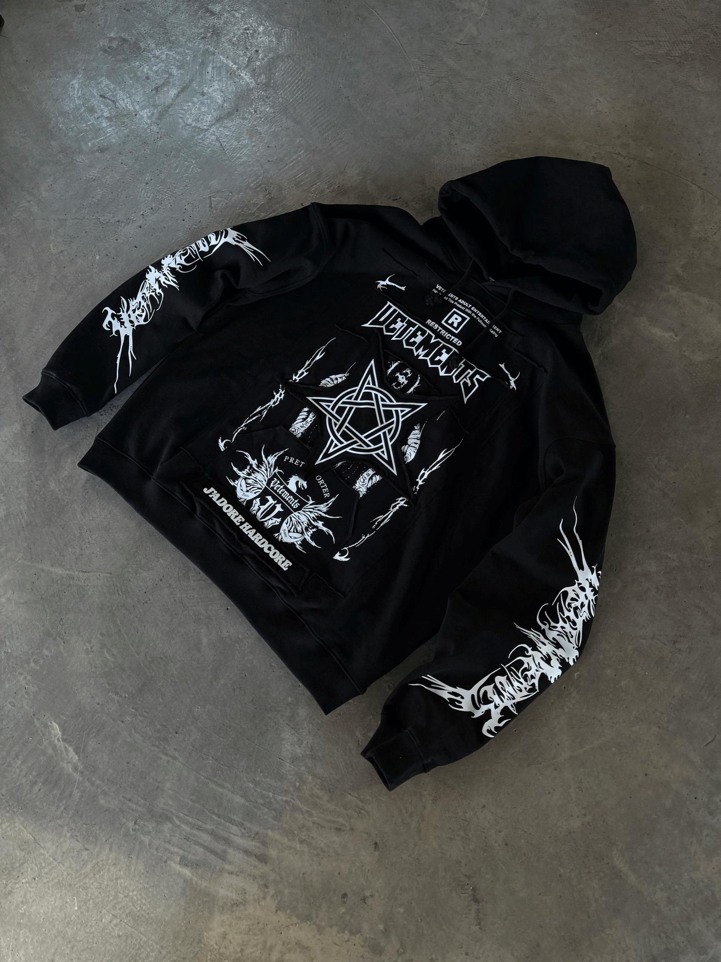 Vetements Oversized Hoodie J’adore Hardcore Patchwork Black Patched Logo